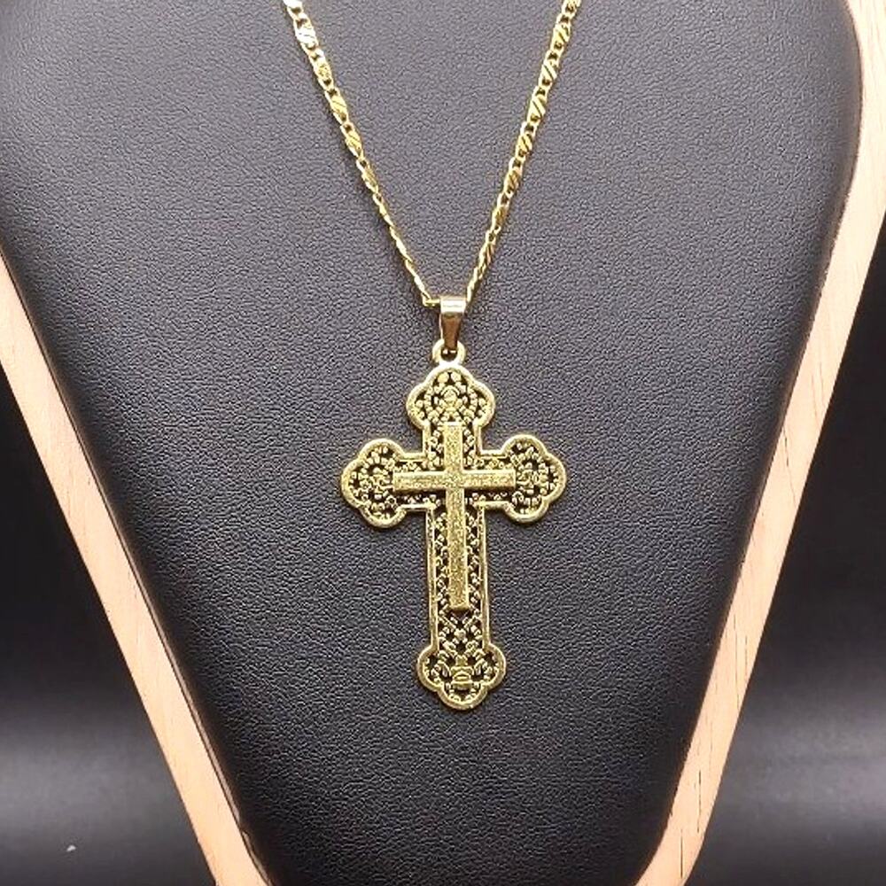 18k Gold Plated Necklace w/ Ornate Gold Cross Men's Birthday Anniversary Gift